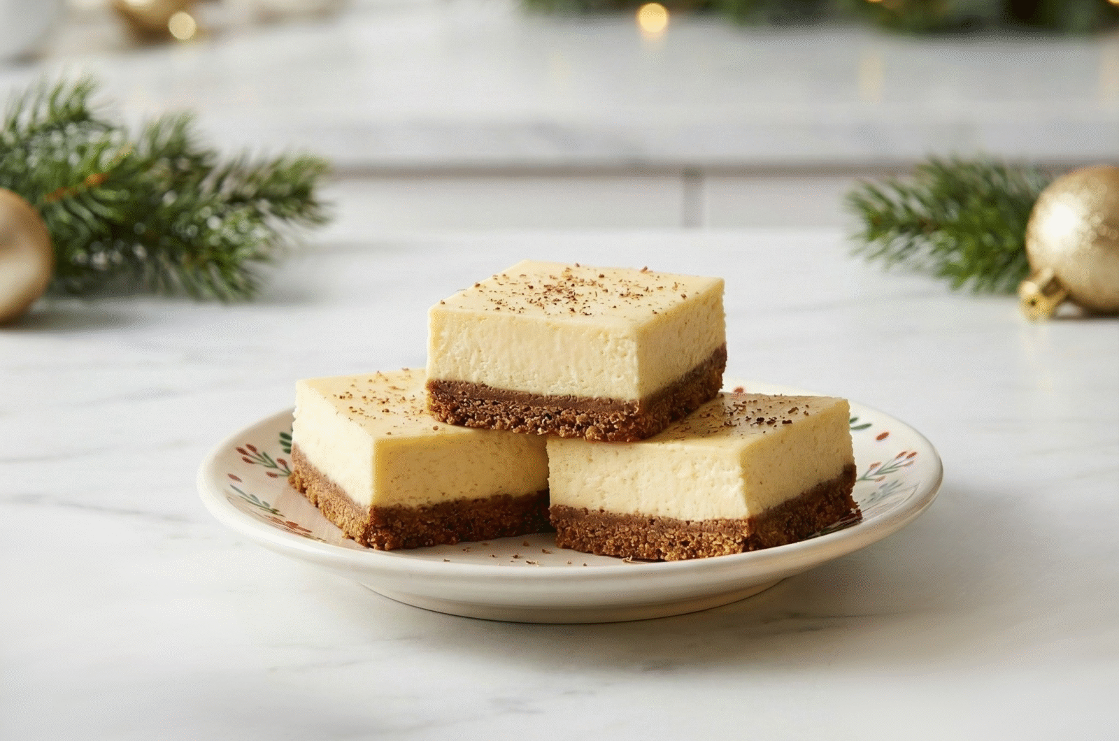 No-Fail Eggnog Cheesecake Bars with Gingersnap Crust